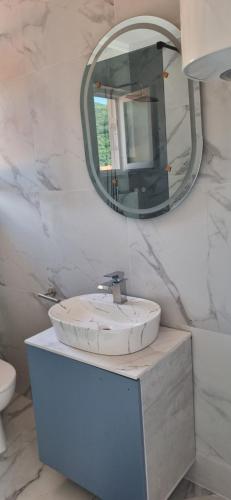 a bathroom with a sink and a mirror at APARTMANI PAVLOVIC in Zelenika