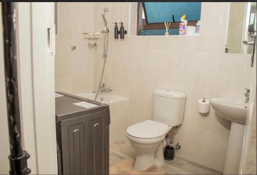a white bathroom with a toilet and a sink at MbaliBliss in Bulawayo