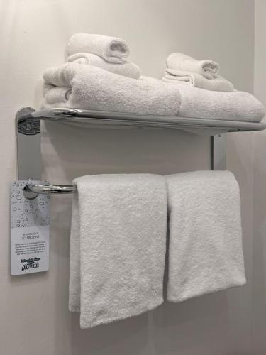 a bunch of towels on a towel rack in a bathroom at Mountain View Hope Motel in Hope