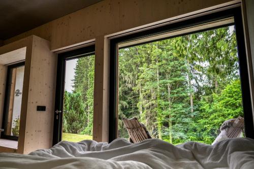a bed in a room with a large window at Tiny House Urlaub in Ybbsitz