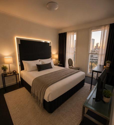 a bedroom with a large bed and a large window at ClickClock Hotel in Melbourne