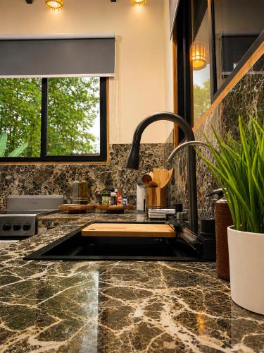 a kitchen with a sink and a counter at Arenal Rain Forest Lodge in Fortuna