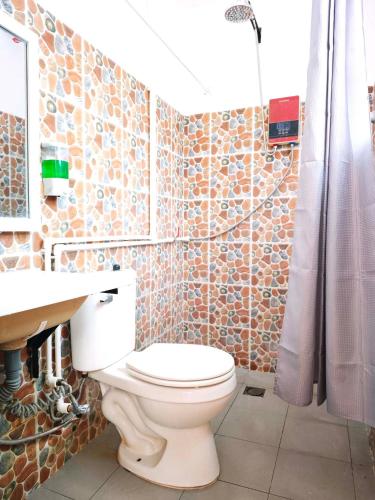 a bathroom with a toilet and a sink and a shower at Moalboal Seaside Resort in Moalboal