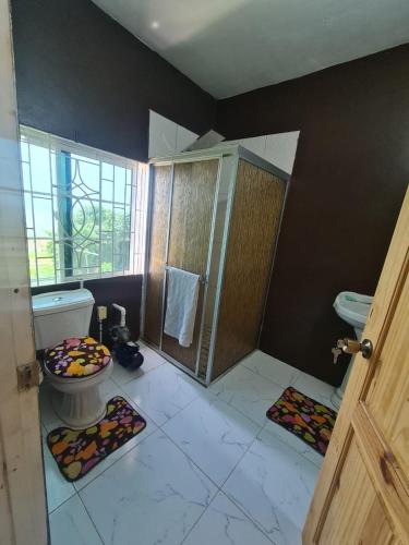a bathroom with a toilet and two mats on the floor at Round Hill View Heights in Pedro Cross