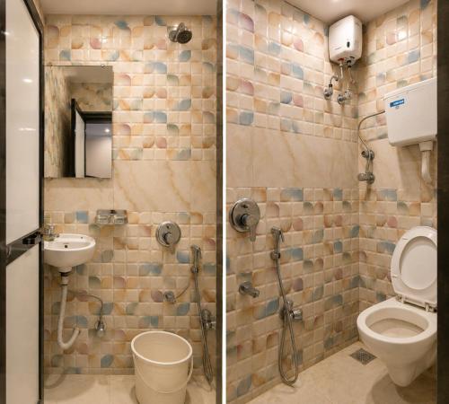 two pictures of a bathroom with a toilet and a shower at Hotel Volga 2 in Mumbai
