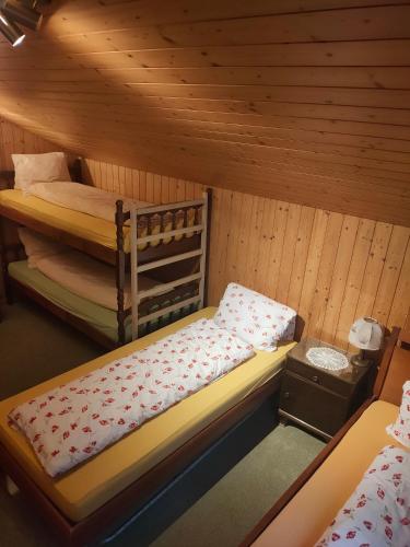 a room with two bunk beds in a cabin at Panorama Hotel Wagenkehr in Innertkirchen