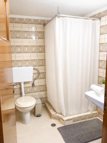 a bathroom with a toilet and a shower curtain at Margianna Apartments1 in Káto Ássos