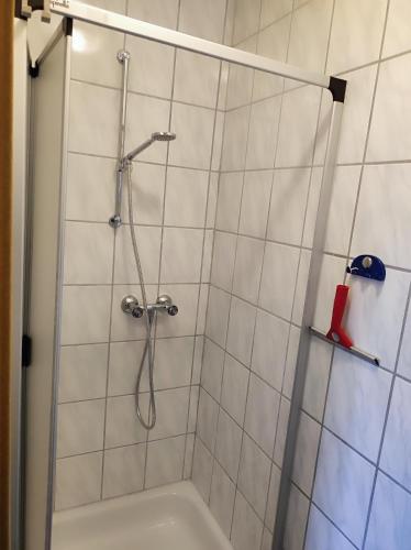 a bathroom with a shower with a bath tub at Ferienwohnung Waldblick in Langenfeld