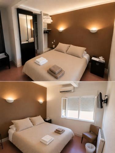 two pictures of a hotel room with two beds at Linaya Hôtel & Restaurant in Bormes-les-Mimosas