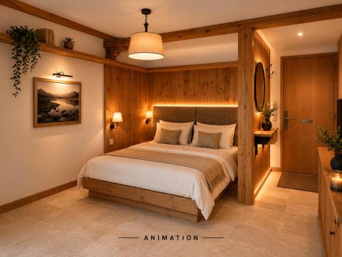 a bedroom with a large bed with wooden walls at Haus Stöckl Top 14 in Königsleiten