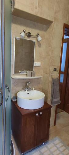 a bathroom with a sink and a mirror at Felföldi Tanyavendégház in Kiskunmajsa