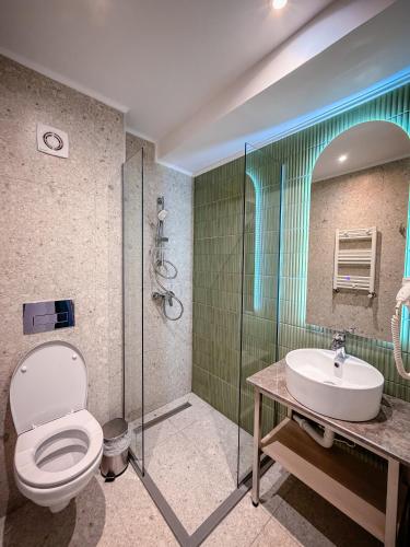 a bathroom with a toilet and a sink at Bacolux Santis, Covasna in Covasna