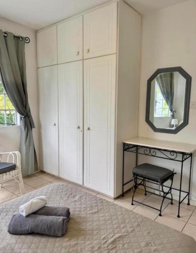 a bedroom with a large white cabinet and a mirror at Appartement hibiscus in Grand-Baie