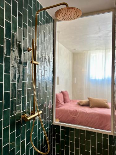 a bathroom with a mirror and a bed in a room at Bulle de détente - Proche Disney in Villiers-sur-Morin