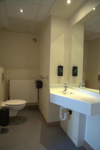 a bathroom with a sink and a toilet and a mirror at HI Hostel Dunepanne in De Haan