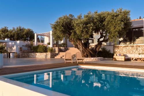 a villa with a swimming pool in front of a house at PanoPlagia Villa in Agios Nikolaos