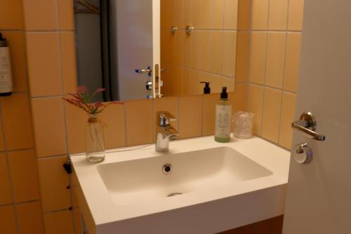 a bathroom with a white sink and a mirror at Sirdalsvatnet Hotel in Sirdal in Tonstad