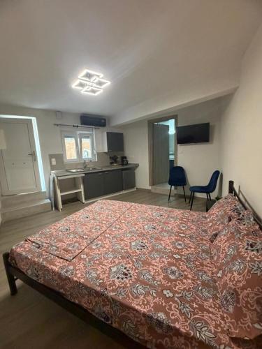 ein Schlafzimmer mit einem großen Bett und eine Küche in der Unterkunft hidden modern studio in Vathý