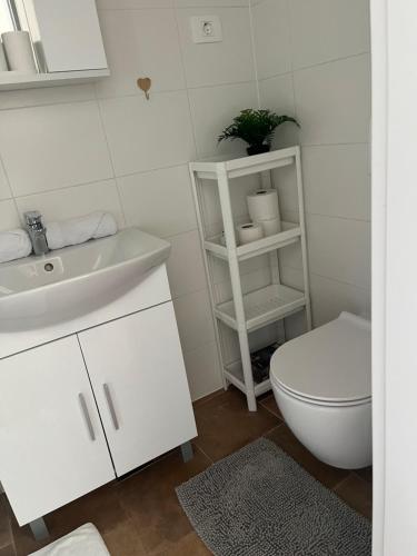 a bathroom with a white sink and a toilet at Hramišče, Botega in Šmarje