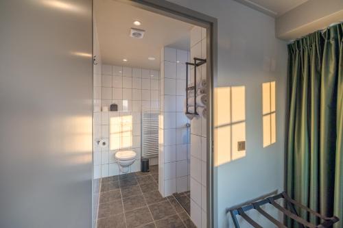 a bathroom with a toilet and a shower at Stadshotel Tante Annie's in Oldenzaal