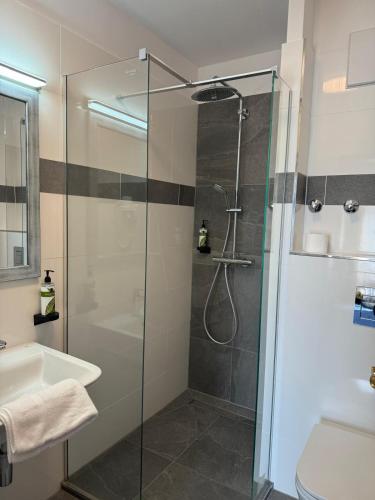 a bathroom with a shower with a glass door at Hotel Regina Suites in Sankt Augustin