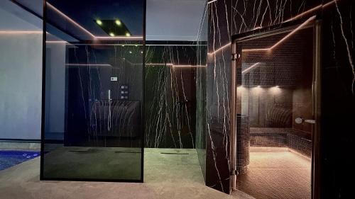 a shower with a glass door in a room at Pensiunea Amonte in Avrig