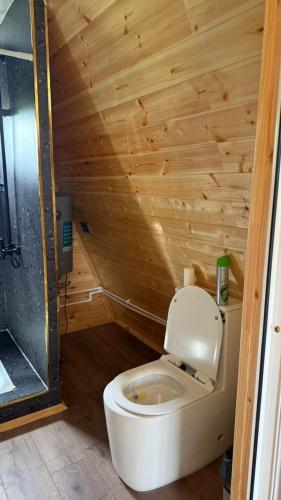 a bathroom with a toilet with a wooden wall at JEEK A-Frame in Tong