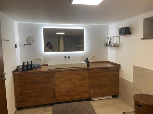 a bathroom with a sink and a mirror at WOOD hOUSE in Vrbovsko