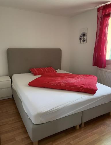 a bed with a red blanket on top of it at Sommerhaus Seeblick in Klausdorf Brandenburg