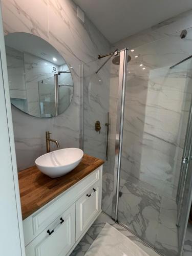 a bathroom with a sink and a shower at ODAR suite in Caesarea