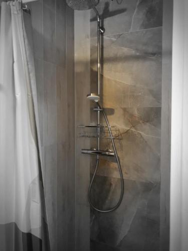 a shower in a bathroom with a shower curtain at Zimmer-Vermietung an der Ostsee, neben der Median-Klinik in Wismar