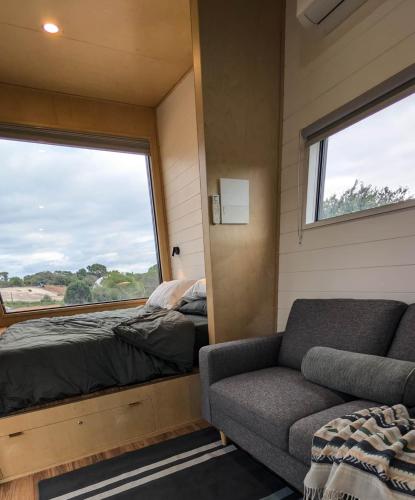 a living room with a bed and a couch and a window at Nine77 - Tiny Home Retreat in Esperance