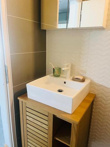 a bathroom with a white sink on a wooden vanity at Forest Garden Retreat with Pool near the Beach in Seignosse