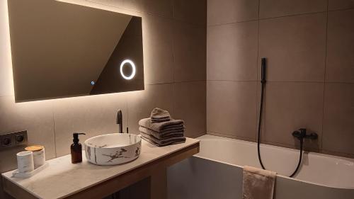 a bathroom with a sink and a tub and a mirror at Huis Leon in Houthulst