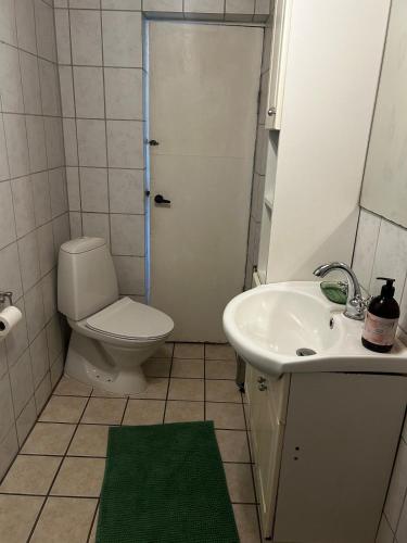 a bathroom with a white toilet and a sink at Small house in rural surroundings in Gelstrup