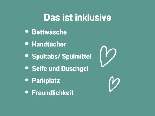 a heart with the words das inclusive at Kochstedter Wohnstuben - Fewo mit Naturbaustoffen in der Bauhausstadt Dessau - hundefreundlich - ebenerdig - mit Garten - Parkplatz inklusive in Dessau