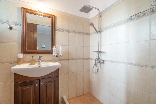 a bathroom with a sink and a shower at Paradise Sea View Apartments in Lygia