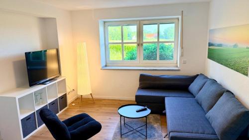 a living room with a couch and a television at Longinus Quartier in Havixbeck