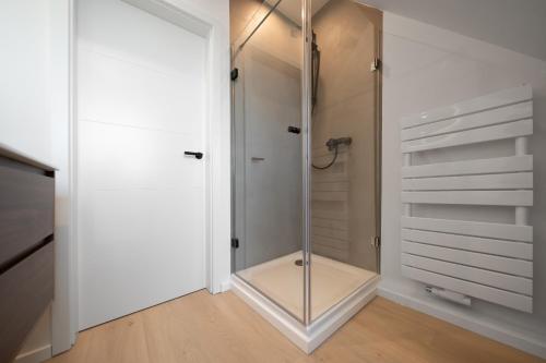 a walkin closet with a glass shower in it at Nordseebude Deichtraum in Sankt Peter-Ording