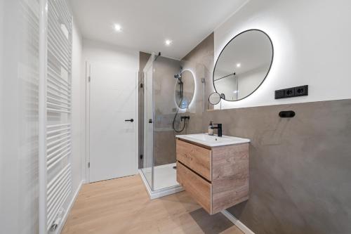 a bathroom with a shower and a sink and a mirror at Nordseebude Kleine Auszeit in Sankt Peter-Ording