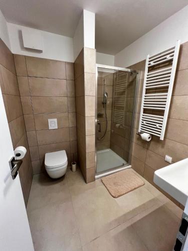 a bathroom with a shower and a toilet and a sink at Luxury Gerlach Mountain Mezonet I in Svätý Jur