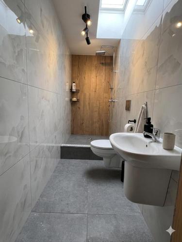 a bathroom with a sink and a toilet and a shower at Rezydencja pod Gwiazdami in Legarda