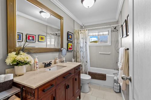 a bathroom with a sink and a toilet and a mirror at Westward Oceanfront Sunsets over Trinity Bay in Hearts Delight