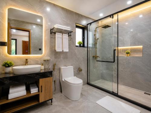 a bathroom with a shower and a toilet and a sink at Nathia Gali Top Resort in Nathia Gali