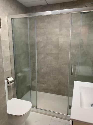 a bathroom with a shower with a toilet and a sink at Basia in Torrevieja