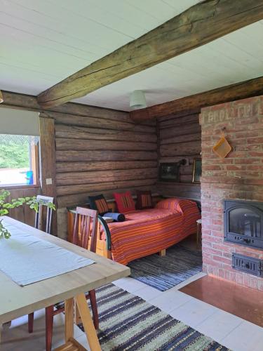 a living room with a couch and a fireplace at Kooti Ait in Korjuse