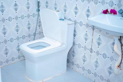 a bathroom with a white toilet and a sink at Ecokayak Beach Lodge in Zanzibar City