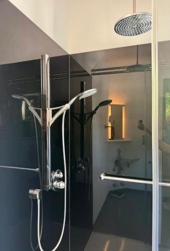a shower in a bathroom with a glass wall at Feldberg4you DesignZimmer in Feldberg