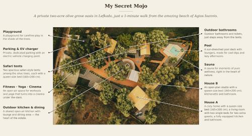 a map of my secret map with descriptions of a house at My Secret Mojo, Private Luxury Retreat Near the Beach in Lefkada