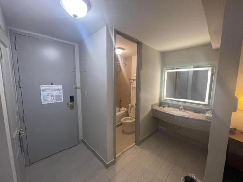 a bathroom with a sink and a toilet and a window at FairBridge Inn & Suites Independence in Cleveland